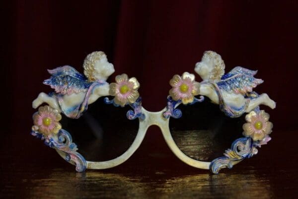 SOLD! 1819 Baroque Faced Cherubs Blue Flower Gold Touch Embellished Sunglasses - Image 4