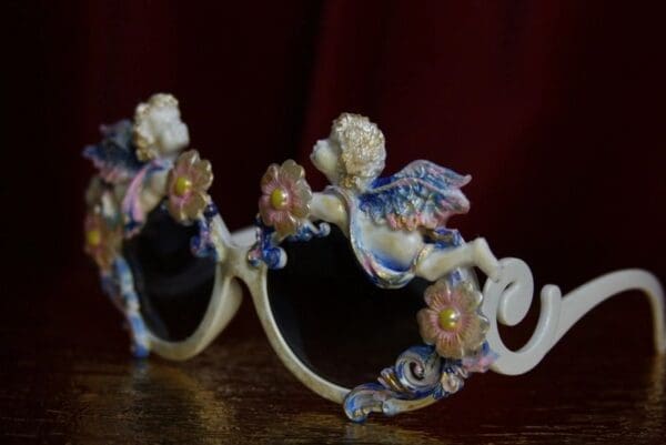 SOLD! 1819 Baroque Faced Cherubs Blue Flower Gold Touch Embellished Sunglasses - Image 6