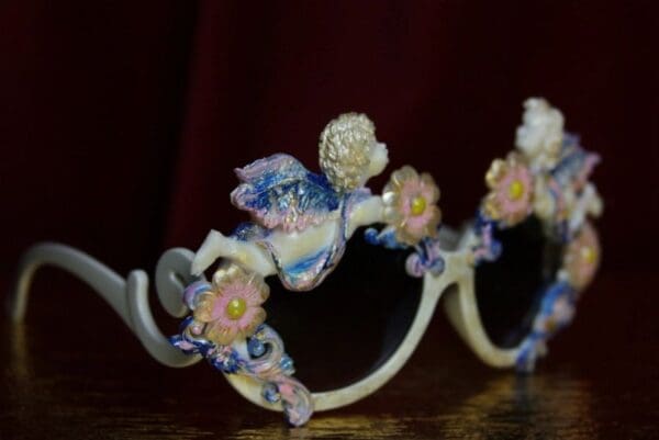 SOLD! 1819 Baroque Faced Cherubs Blue Flower Gold Touch Embellished Sunglasses - Image 5