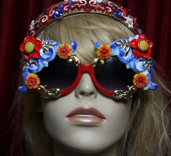 SOLD! 1824 Designer Inspired Baroque Blue Gold Embellished Sunglasses