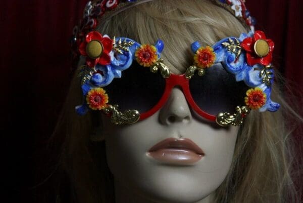 SOLD! 1824 Designer Inspired Baroque Blue Gold Embellished Sunglasses - Image 2