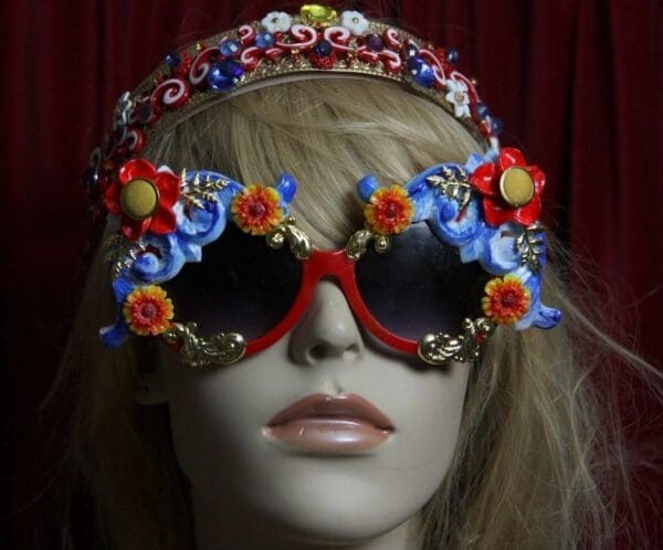 SOLD! 1824 Designer Inspired Baroque Blue Gold Embellished Sunglasses - Image 7