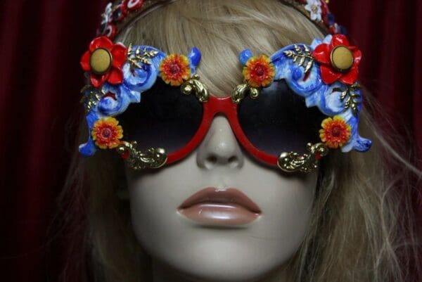 SOLD! 1824 Designer Inspired Baroque Blue Gold Embellished Sunglasses - Image 3