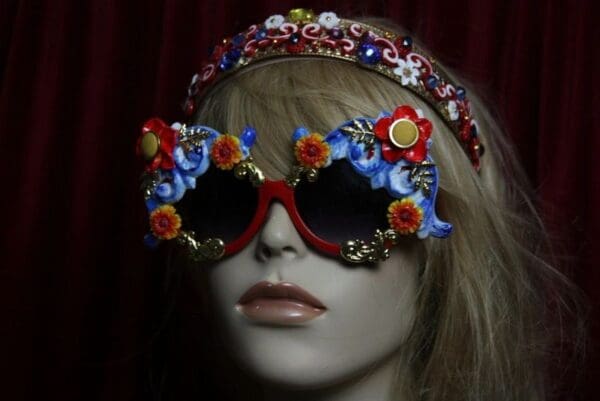SOLD! 1824 Designer Inspired Baroque Blue Gold Embellished Sunglasses - Image 6