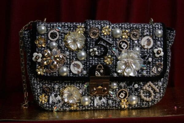 SOLD! 1867 Madam Coco Brooches Tweed Elegant Chain Handbag Purse - Image 3