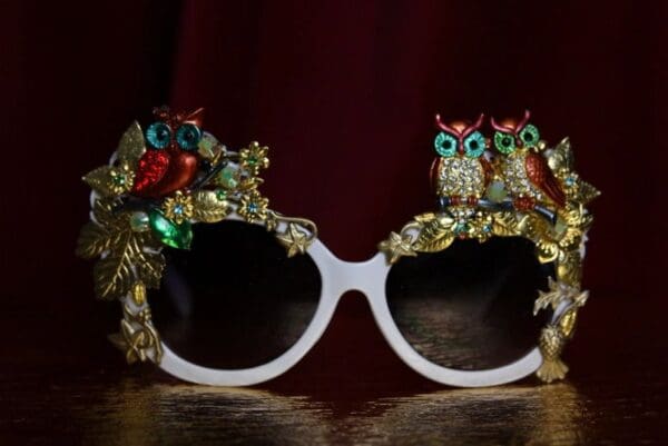 SOLD! 1880 Adorable Owl Bird Enamel Gold Leaf Embellished Sunglasses - Image 7