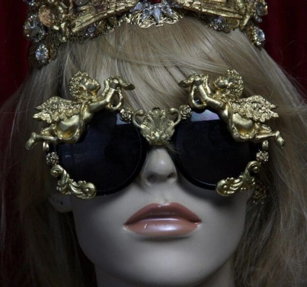SOLD! 1877 Total Baroque Faced Gold Cherubs Swan Embellished Sunglasses Shades