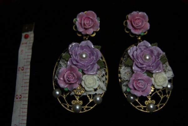 SOLD! 1894 Baroque Lace Hand Painted Lavander Rose Studs - Image 2