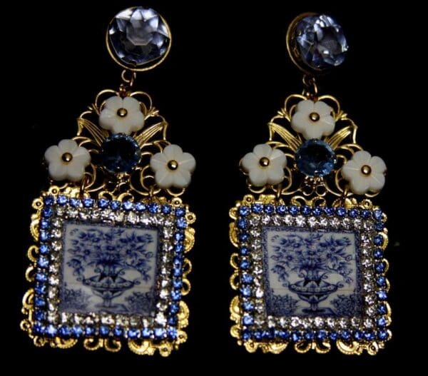 SOLD! 1894 Italian Tile Vase Print Blue Crystal Studs