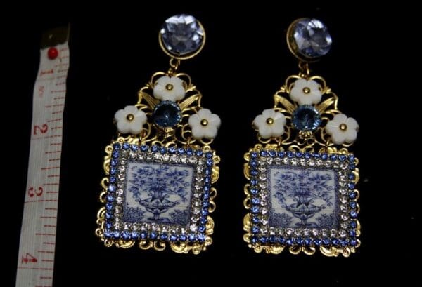 SOLD! 1894 Italian Tile Vase Print Blue Crystal Studs - Image 2