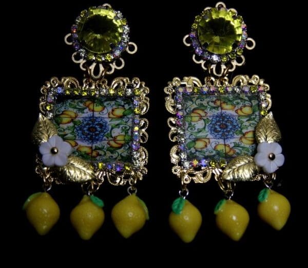 SOLD! 1895 Sicilian Tile Print Lemon Yellow Crystal Studs