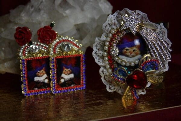SOLD! 1897 Set Of Victorian Cat Rose Heart Cuff+ Earrings
