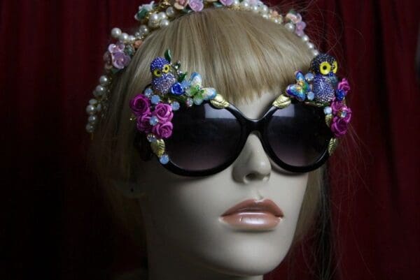 SOLD! 1901 Crystal Enamel Owl Cloissone Burtterfly Sunglasses - Image 6