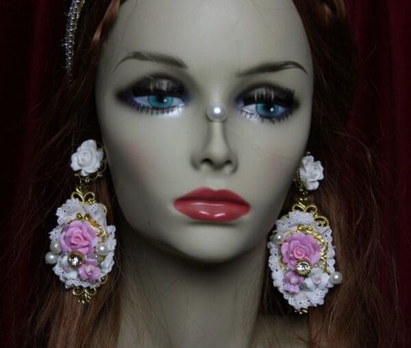 SOLD!1906 Baroque Hand Painted Pink Rose Lace Earrings - Image 4