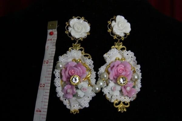 SOLD!1906 Baroque Hand Painted Pink Rose Lace Earrings - Image 3