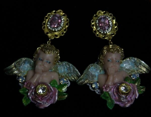 SOLD! 1907 Massive Cherub Baroque Pink Crystal Rose Earrings - Image 2
