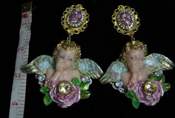SOLD! 1907 Massive Cherub Baroque Pink Crystal Rose Earrings - Image 4