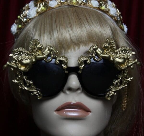 SOLD! 1908 Total Baroque Faced Gold Cherubs Embellished Sunglasses Shades