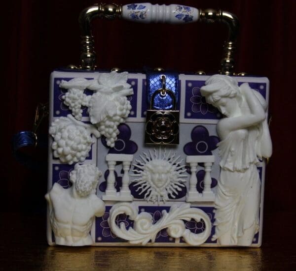 SOLD! 1914 Greek Revivial Medusa Grapes Greek Tile Embellished Trunk Handbag - Image 9