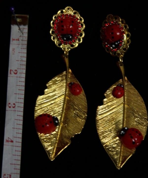 SOLD! 1919 Ladybug Metal Leaf Massive Studs Earrings - Image 4