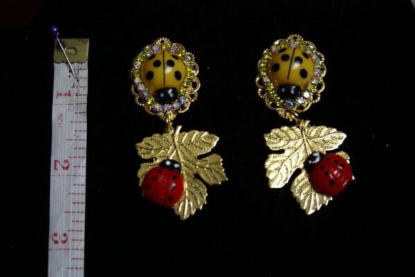 SOLD! 1926 Baroque Yellow Red Ladybug Leaf Studs Earrings - Image 3