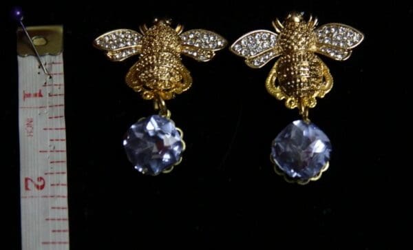 SOLD! 1927 Baroque Designer Inspired Gold Crystal Bee Blue Earrings - Image 3