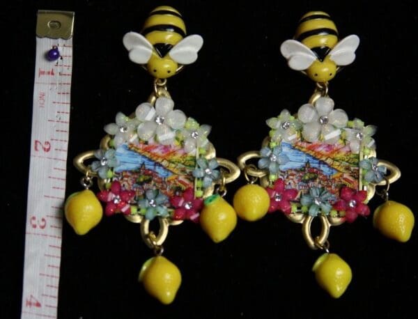 SOLD!1929 Taormina Italian Tile Print Flower Bee Lemon Earrings - Image 2