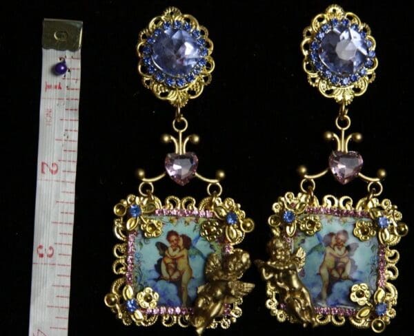 SOLD! 1931 Renaissance Cherubs Blue Crystal Earrings Studs - Image 2