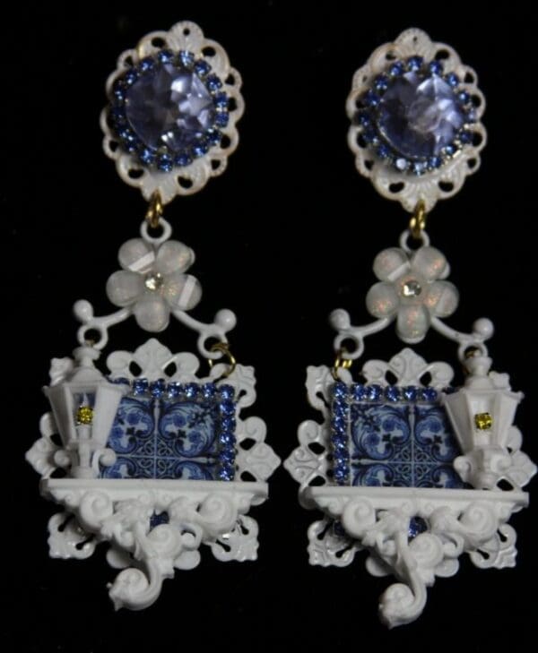 SOLD! 1938 Blue Porcelain Lamp Baroque White Architect Earrings - Image 5