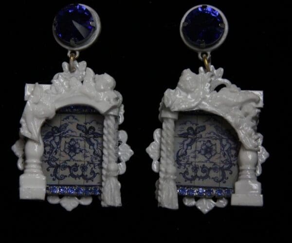 SOLD! 1942 Baroque Italian Tile Print Cherub Architect Blue Crystal Earrings