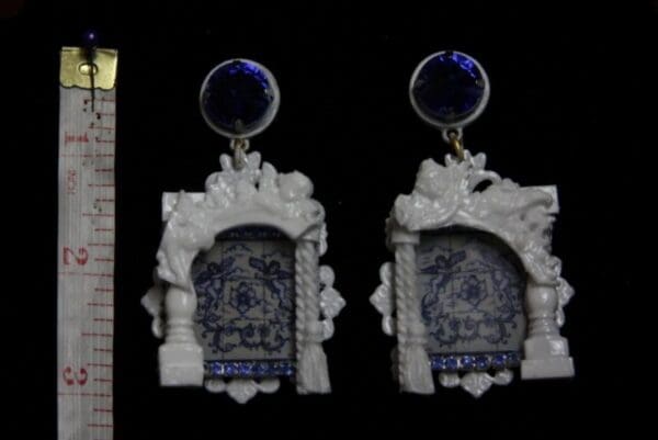 SOLD! 1942 Baroque Italian Tile Print Cherub Architect Blue Crystal Earrings - Image 2
