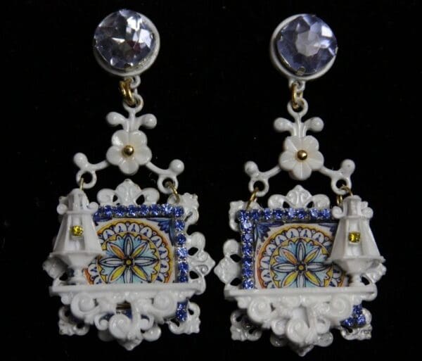 SOLD! 1943 Unusual Italian Tile Print Window Lamp Studs Earrings