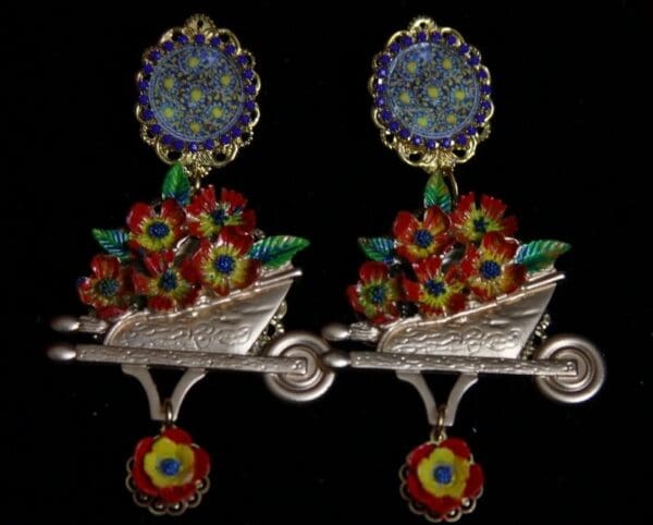 SOLD!1946 Taormina Flower Cart Enamel Hand Painted Earrings - Image 6