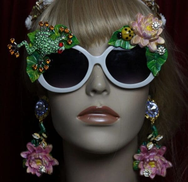 SOLD! 1949 Hand Painted Lily Leaf Ladybug Crystal Frog Sunglasses
