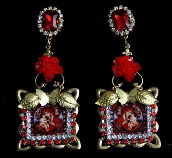 SOLD!1953 Virgin Mary Red Rose Butterfly Studs Earrings - Image 5