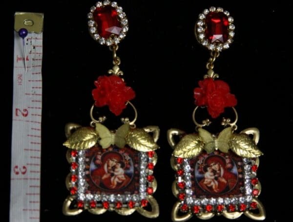 SOLD!1953 Virgin Mary Red Rose Butterfly Studs Earrings - Image 2