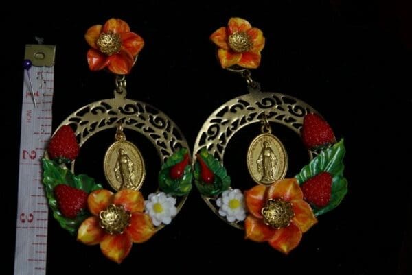 SOLD! 1954 Madonna coin Sicilian Inspiration Strawberry Ornage Flower Huge Earrings - Image 4