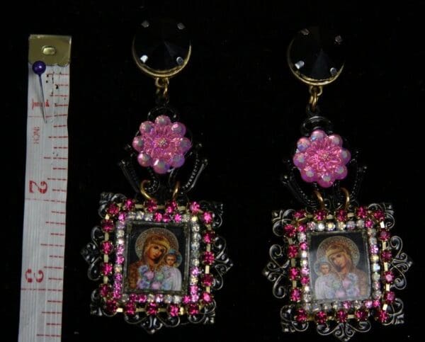 SOLD! 1955 Virgin Mary Cameo Black Filigree Studs Earrings - Image 2