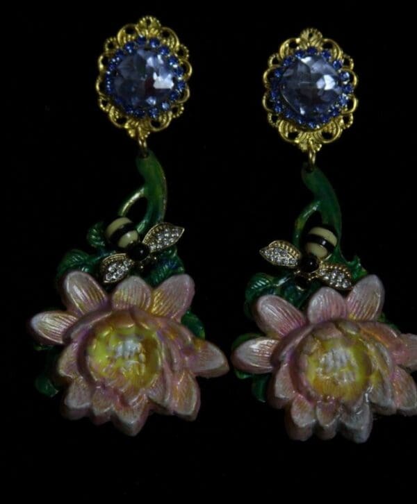 SOLD! 1948 Hand Painted Vivid Lily Bee Blue Crystal Earrings - Image 2