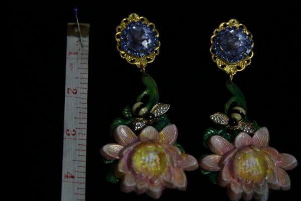 SOLD! 1948 Hand Painted Vivid Lily Bee Blue Crystal Earrings - Image 8