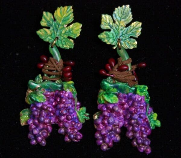 SOLD! 1945 Hand Painted Vivid Unusual Grape Earrings - Image 2