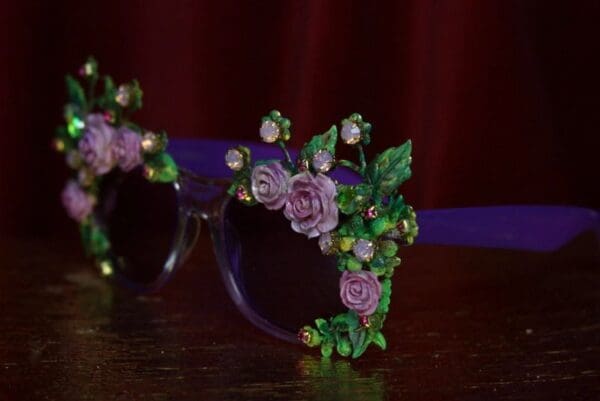 SOLD! 1960 Purple Clear Hand Painted Enamel Garden Embellished Sunglasses - Image 4