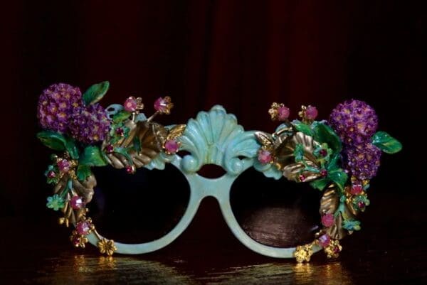 SOLD! 1963 Aqua Hydrangea Hand Painted Leagf Embellished Sunglasses - Image 2