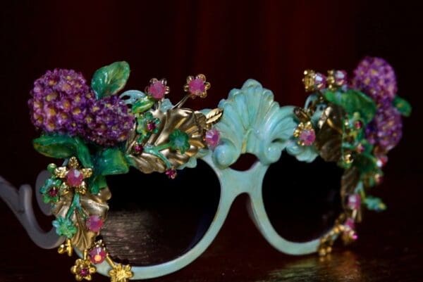 SOLD! 1963 Aqua Hydrangea Hand Painted Leagf Embellished Sunglasses - Image 7