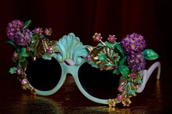 SOLD! 1963 Aqua Hydrangea Hand Painted Leagf Embellished Sunglasses - Image 3