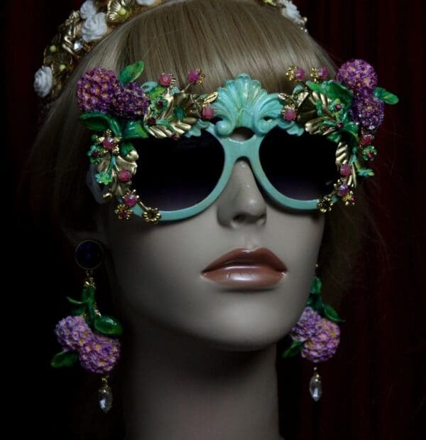 SOLD! 1963 Aqua Hydrangea Hand Painted Leagf Embellished Sunglasses - Image 4