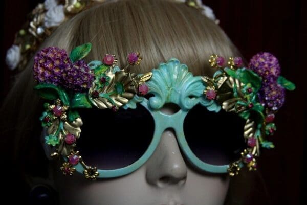 SOLD! 1963 Aqua Hydrangea Hand Painted Leagf Embellished Sunglasses - Image 5