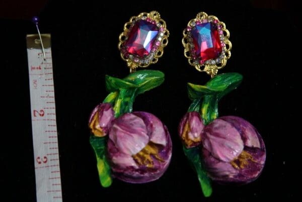 SOLD! 1966 Hand Painted Tulip Crystal Studs Earrings - Image 5