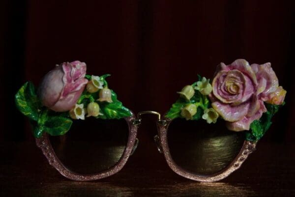 SOLD! 1967 Vivid Hand Painted Pink Rose Embellished Sunglasses - Image 2