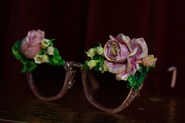 SOLD! 1967 Vivid Hand Painted Pink Rose Embellished Sunglasses - Image 3